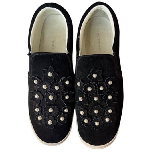 Marc Fisher Black Velvet Slip-On Sneakers With Floral & Pearl Embellishments Wom - Picture 1 of 11